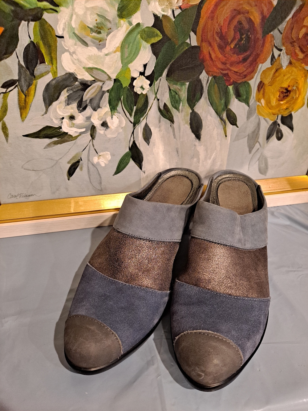 Naot Fortuna Italian Leather Nubuck Suede Metallic Slip-On Clog Mules Blue Brown